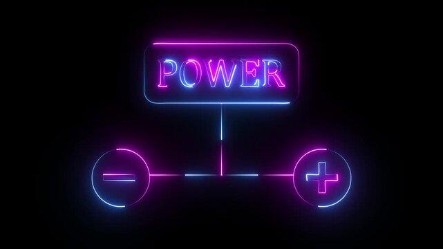 Neon power symbol sign with plus and minus on dark background