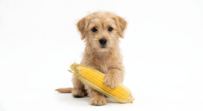 Cute Fluffy Puppy Holding Fresh Corn Cob on White Background