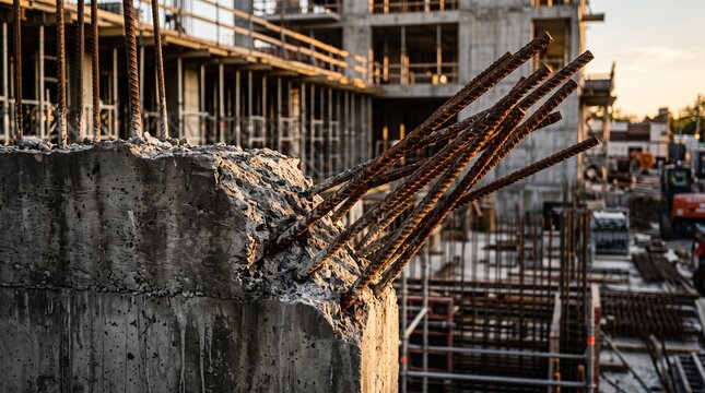 Concrete structure with rebar reinforcement at a construction site