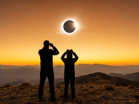 Back view silhouette of of two people with binoculars standing on high mountain peak observing diamond ring phase of a total solar eclipse during golden sunset twilight sky