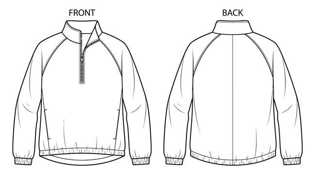 Technical illustration of a zip up sweatshirt front and back views on a white background
