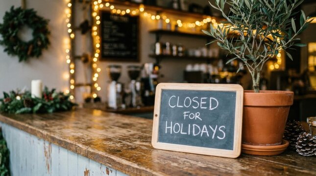 Vintage chalkboard sign closed for holidays on wooden counter with fairy lights, potted plant and pinecones.