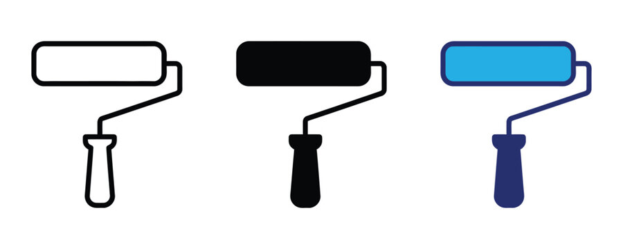 Three paint rollers in different colors isolated on a white background