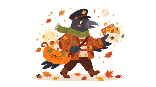Halloween character dressed as a raven postmaster delivering magical autumn parcels outdoors