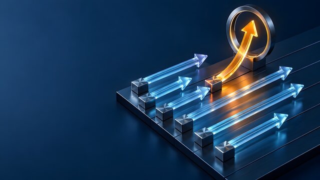 Glowing golden arrow breaking away from parallel blue competitors to jump through target ring symbolizing competitive advantage