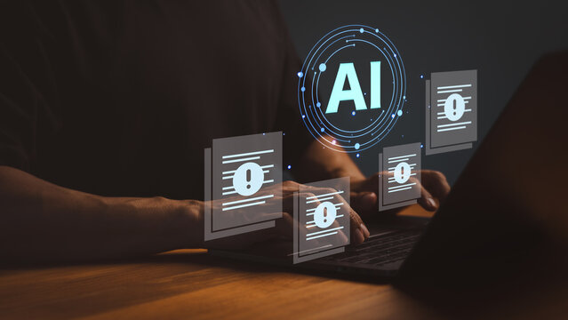 Man typing on a digital laptop computer. This artificial intelligence AI technology concept highlights a data document error and system warning alert for a modern business.