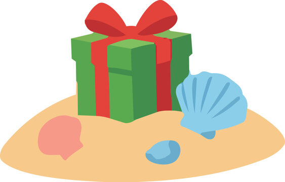 Christmas Gift Box on Sand with Seashells