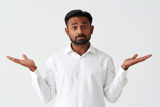 Confused young man in a white shirt shrugging his shoulders with an uncertain expression isolated
