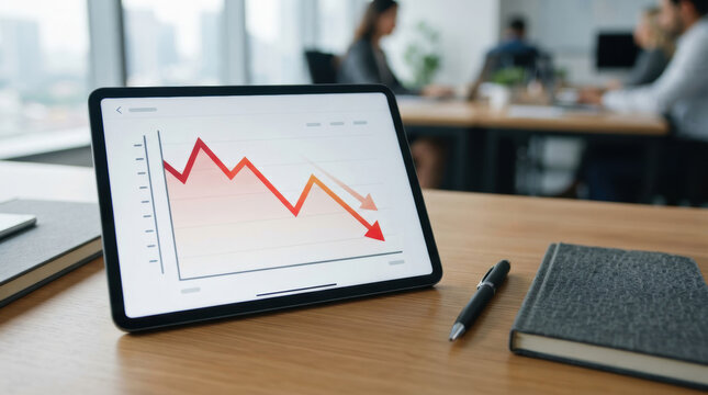 Tablet screen showing declining business report with red chart, credit review, and office teamwork under pressure