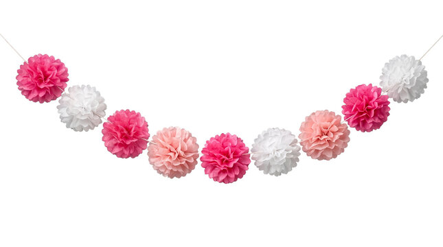 Hanging Pink Coral and White Tissue Paper Pom Pom Garland Swag for Baby Shower Party Decor
