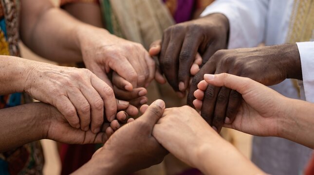 Diverse group of people holding hands in a circle showing unity and cooperation.