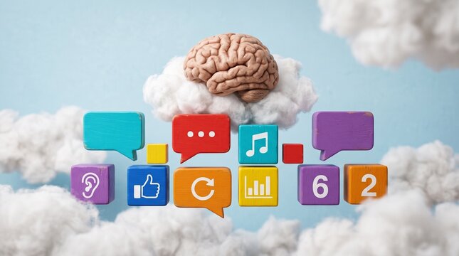 Cloud of Ideas: A brain rests on a cloud, surrounded by vibrant social media icons and speech bubbles, symbolizing the vastness of digital thought and communication.