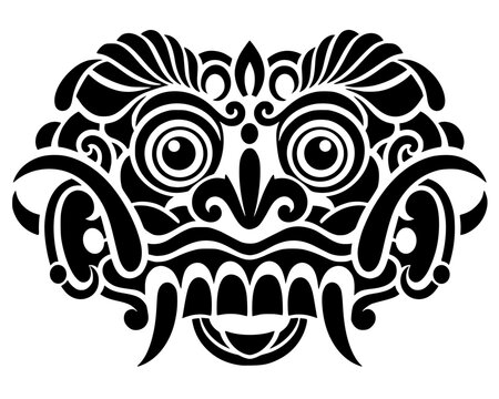 Black silhouette of ornate mask with fangs and circular eyes, bold vector design symbolizing myth, ritual, and cultural heritage.