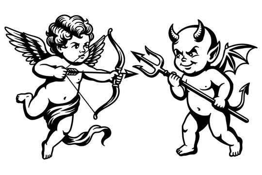 Cupid angel and devil child facing off illustration, good versus evil concept with bow arrow and trident, vintage line art vector design for tattoo themes.