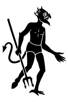 Black silhouette of devil figure with horns, tail, and trident, bold vector design symbolizing myth, folklore, and symbolic character.