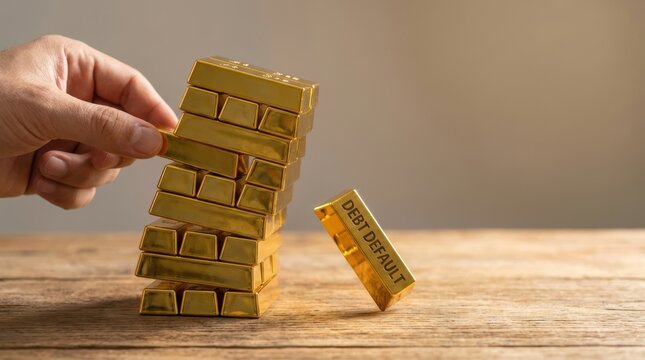 Global Debt Levels Concepts. Hand removing golden bar causing stack of gold bars to topple with single block labeled debt default falling on wooden surface