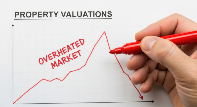 Housing Market Bubble Concept. Hand holding red marker drawing a declining property valuation trend on a graph with "Overheated Market" text showing a market correction