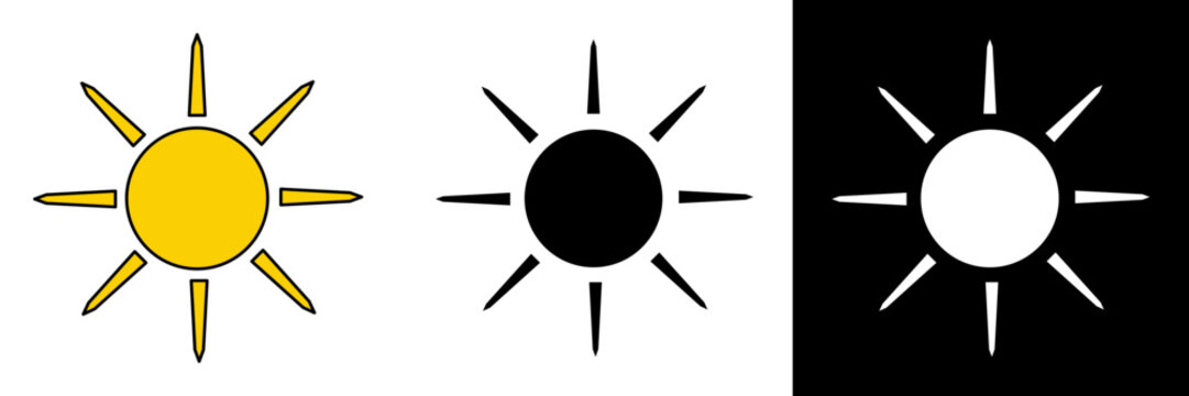 Hand-drawn Sun Icon in Three Styles - Yellow, Black, and White.