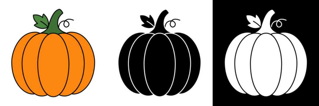 Three stylized pumpkin illustrations in different color schemes.