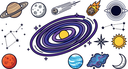 Outer Space and Astronomy Vector Color Icon Set featuring Galaxy, Planets, Stars, Constellations, Asteroids, and Sun for Science Education Designs © Joba