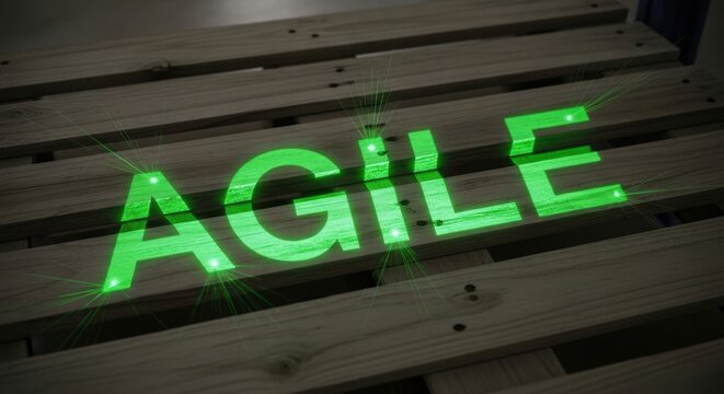 logistics network innovation Concepts. Green glowing agile word projection on wooden surface concept for flexible iterative efficient project management methodology