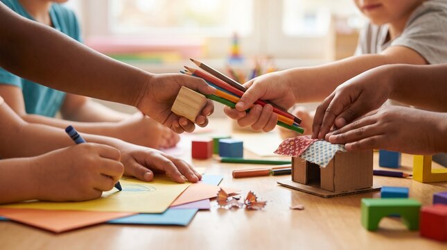 Group of diverse children playing and learning together with arts and crafts in classroom.