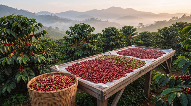 Red coffee cherries drying on a wooden table in a plantation