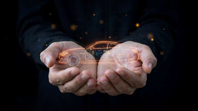 Glowing orange wireframe car model held in cupped hands against a dark black background