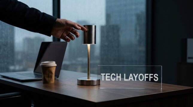 Tech Layoffs Forecast concepts. Businessman turning off office desk lamp symbolizing tech company job layoff concept