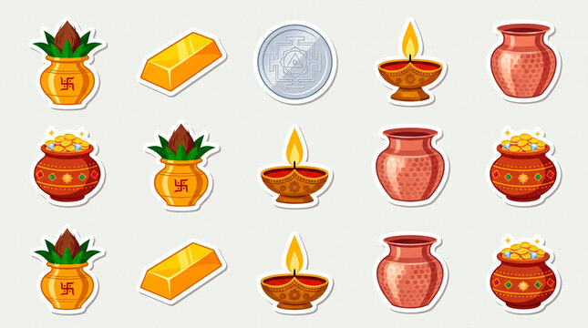 Flat Vector Dhanteras Prosperity Clipart and Puja Symbols Set