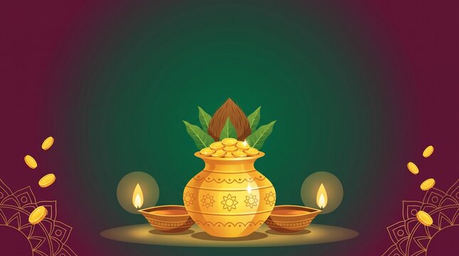 Modern Dhanteras Vector Banner with Golden Kalash and Shiny Coins
