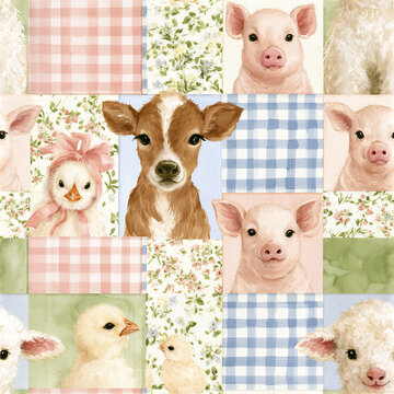 Gentle barnyard baby patchwork seamless pattern with cute piglet, calf, chick, and lamb in soft pastel colors