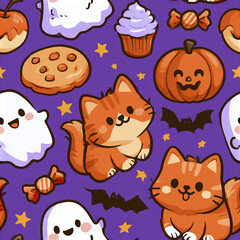 Fototapeta premium Happy kittens enjoying Halloween candy party with ghosts, pumpkins, bats, cupcakes, and cookies on purple background