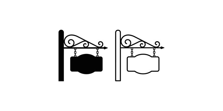Vintage hanging sign boards with scroll iron brackets for shop store storefront branding.