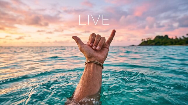 Hand Shaka Sign in Tropical Ocean at Sunset