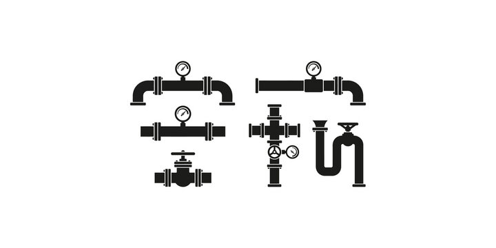 Technical plumbing pipe fittings collection with pressure gauges and control valves for industrial systems.