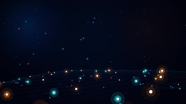 3D digital wireframe wave terrain with glowing particle nodes loop