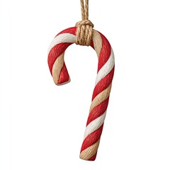 Fototapeta premium Christmas Candy Cane Ornament, Red and White Stripes with Gold Glitter, White Background for Christmas Tree Decoration and Holiday Card Design