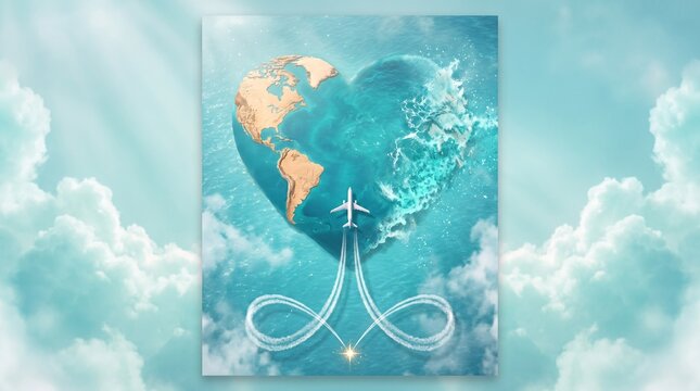 Globe Heart and Airplane Travel: A creative artwork depicts a heart-shaped globe with continents and oceans, symbolizing love for travel, with an airplane creating an infinity symbol in the sky.