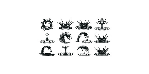 Obraz premium Set of black water splash and liquid ripple icons with fluid motion dynamics for graphic design elements.
