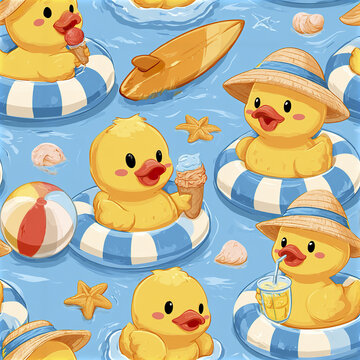 Kawaii beach duck pattern with playful ducklings swimming in blue water with ice cream and summer hats
