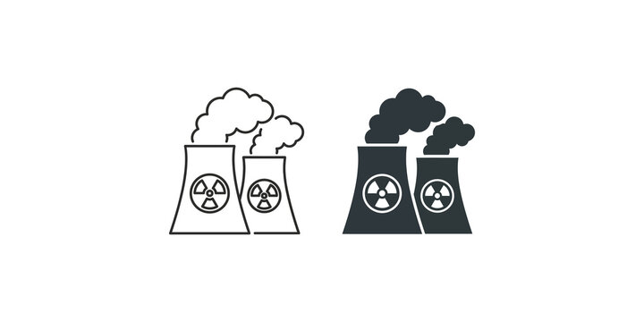 Nuclear power plant icons with radioactive symbols and smoke emissions for industrial energy graphics.