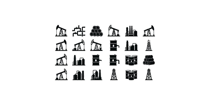 Set of oil industry icons featuring drilling rigs barrels and refinery facilities for energy sector design.