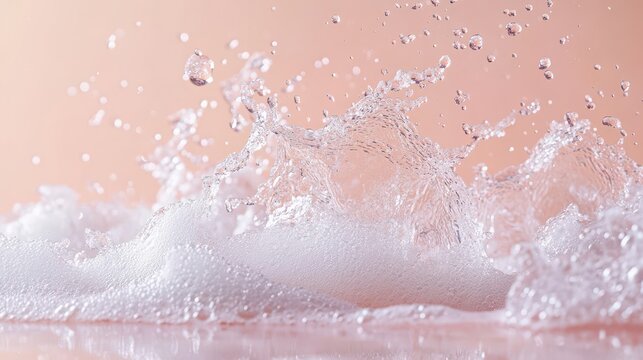 Close-up of water splash with bubbles and droplets on a pink background