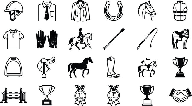 Equestrian horse riding sport icon set featuring saddle helmet stirrup horseshoe whip trophies boots and apparel outlines
