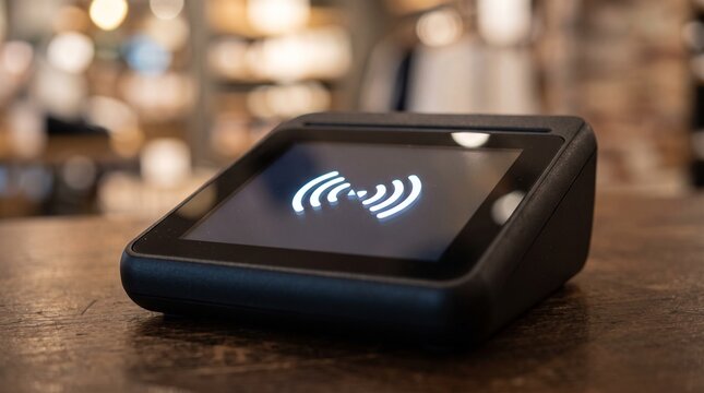 Modern contactless payment terminal with signal icon on counter