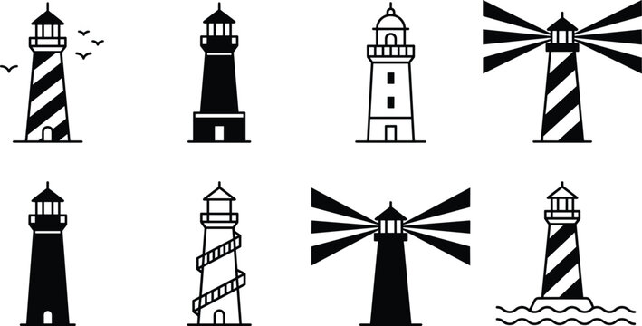 Maritime lighthouse tower vector icon set featuring nautical navigation searchlight beams coastal warnings and striped seaside architecture
