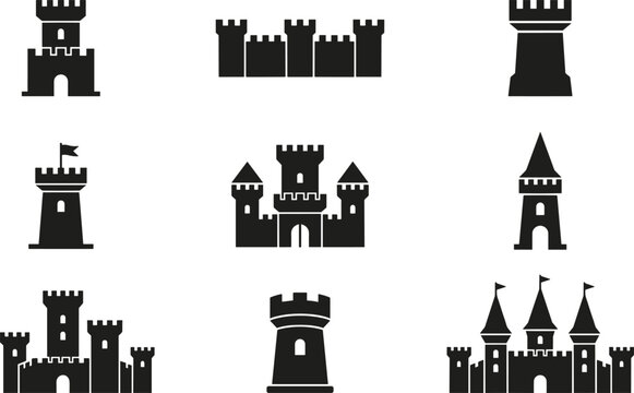 Medieval fortress tower and ancient castle silhouette vector icon set featuring defensive walls flags and royal bastions