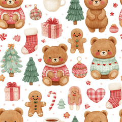 Fototapeta premium Kawaii watercolor Christmas seamless pattern with round teddy bear, gingerbread, gift box, and festive decorations
