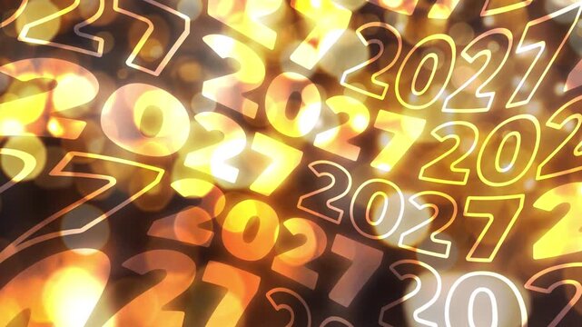 Horizontal 4K video. Loop animation. Template for social media with outline, fill bold font, wave text 2027 on gold bokeh lights. Concept of winter holiday, Happy New Year, Christmas gift, holiday